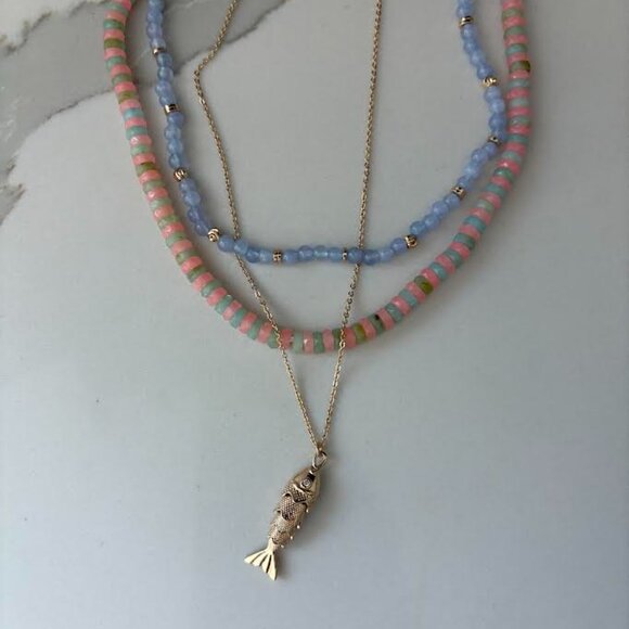 Mixed Bead Necklace - Pink and Green 14 +2" L - Picture 4 of 4